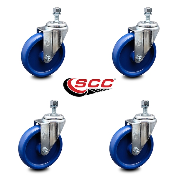 5 Inch Solid Polyurethane Wheel Swivel 10mm Threaded Stem Caster Set SCC